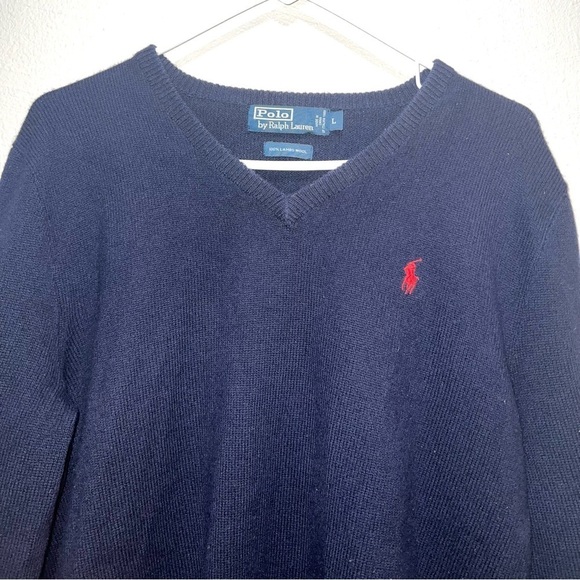 Polo by Ralph Lauren Blue V-Neck Lambs Wool Sweater - Picture 2 of 7